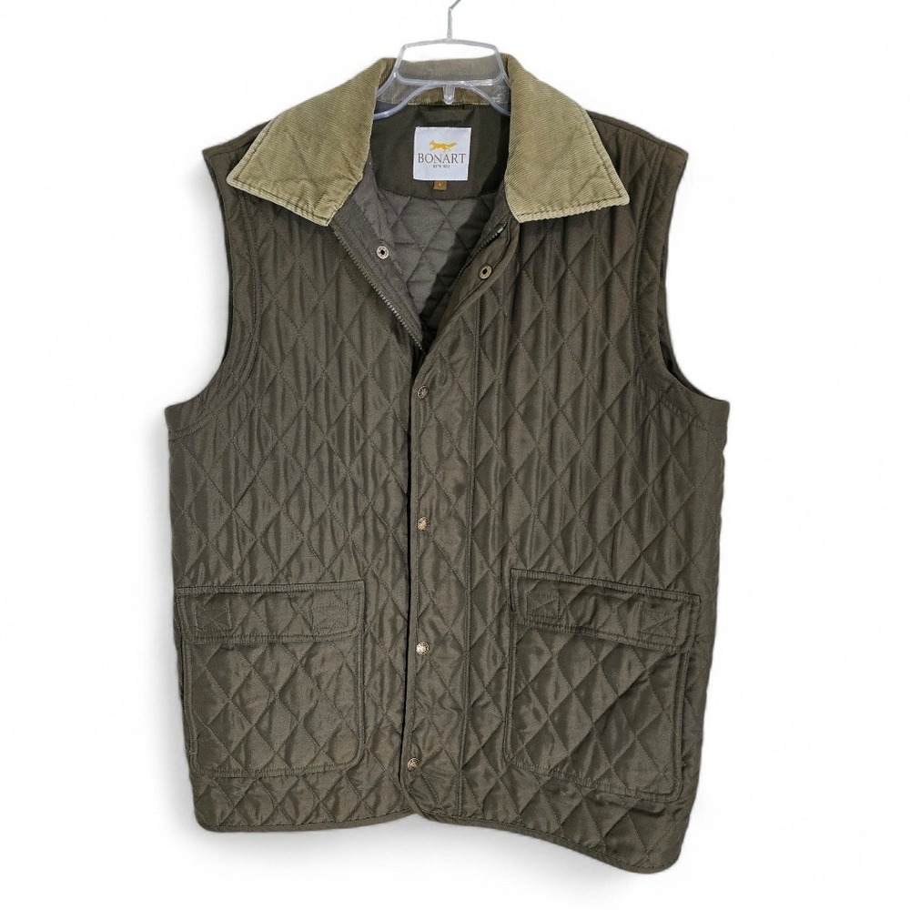 BONART‎ Quilted Vest Corduroy Collar Olive Green Men's Size L Outerwear